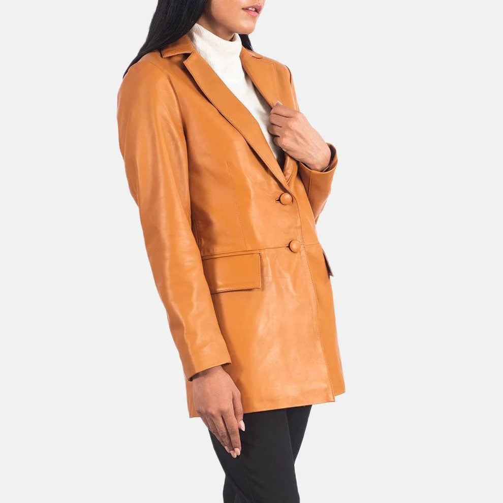 Tan Brown Leather Blazer Women