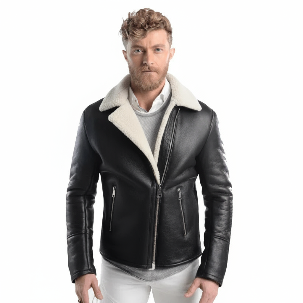 Stylish Black Leather Shearing Aviator Jacket