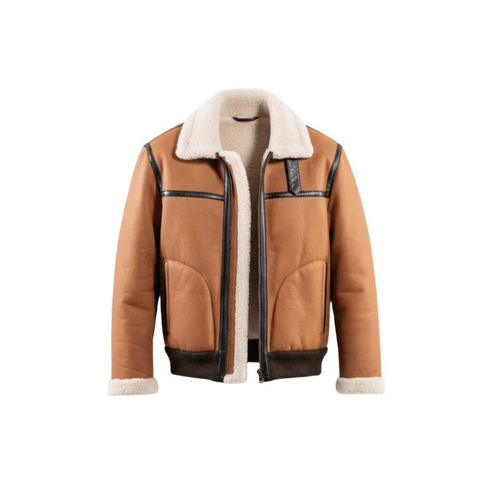 Classic Tan Brown Leather Shearling Aviator Jacket