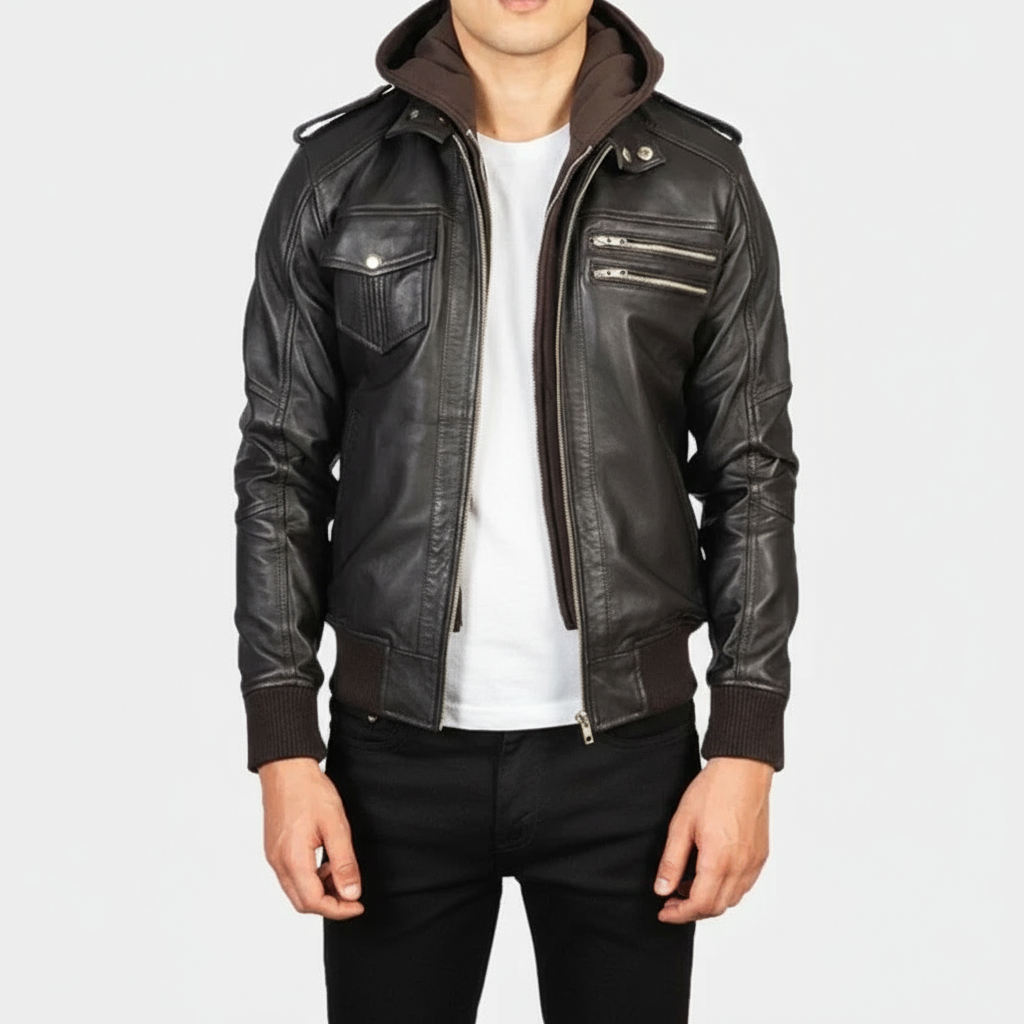 Black Hooded Leather Jacket With Red Stripes