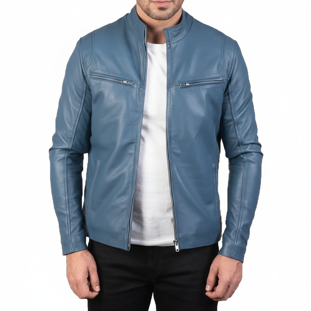 Ionic Blue Leather Biker Jacket