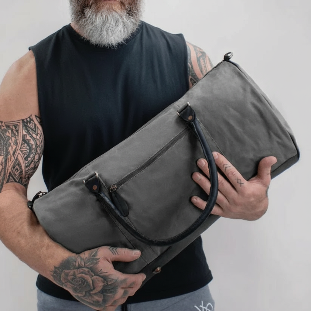 Premium Grey Canvas and Black Gym Leather Ruffle Bag