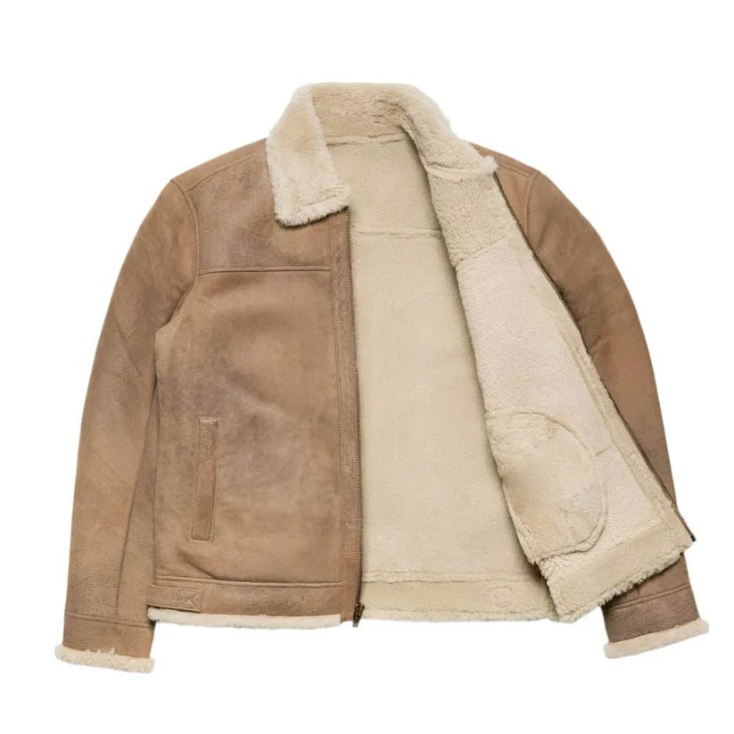 Sandstone Brown Shearing Leather Bomber Jacket