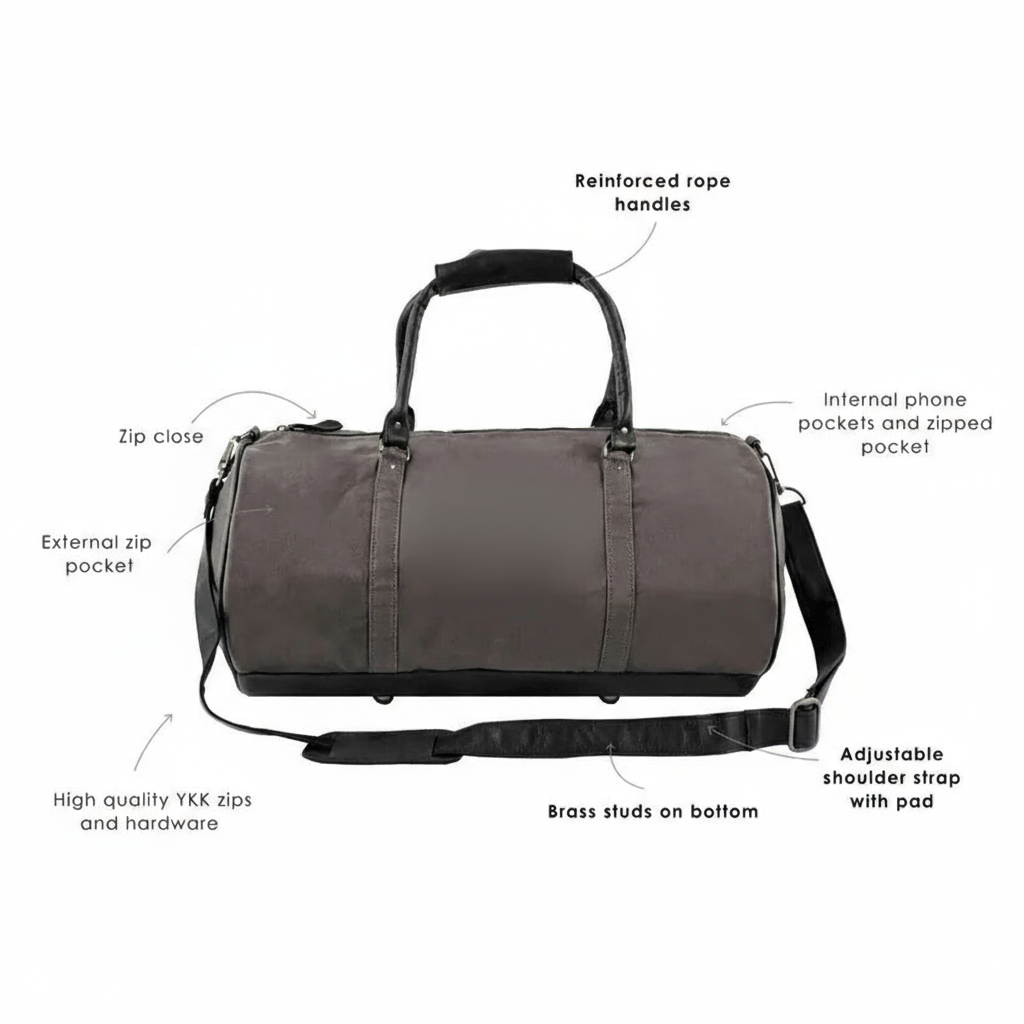 Premium Grey Canvas and Black Gym Leather Ruffle Bag