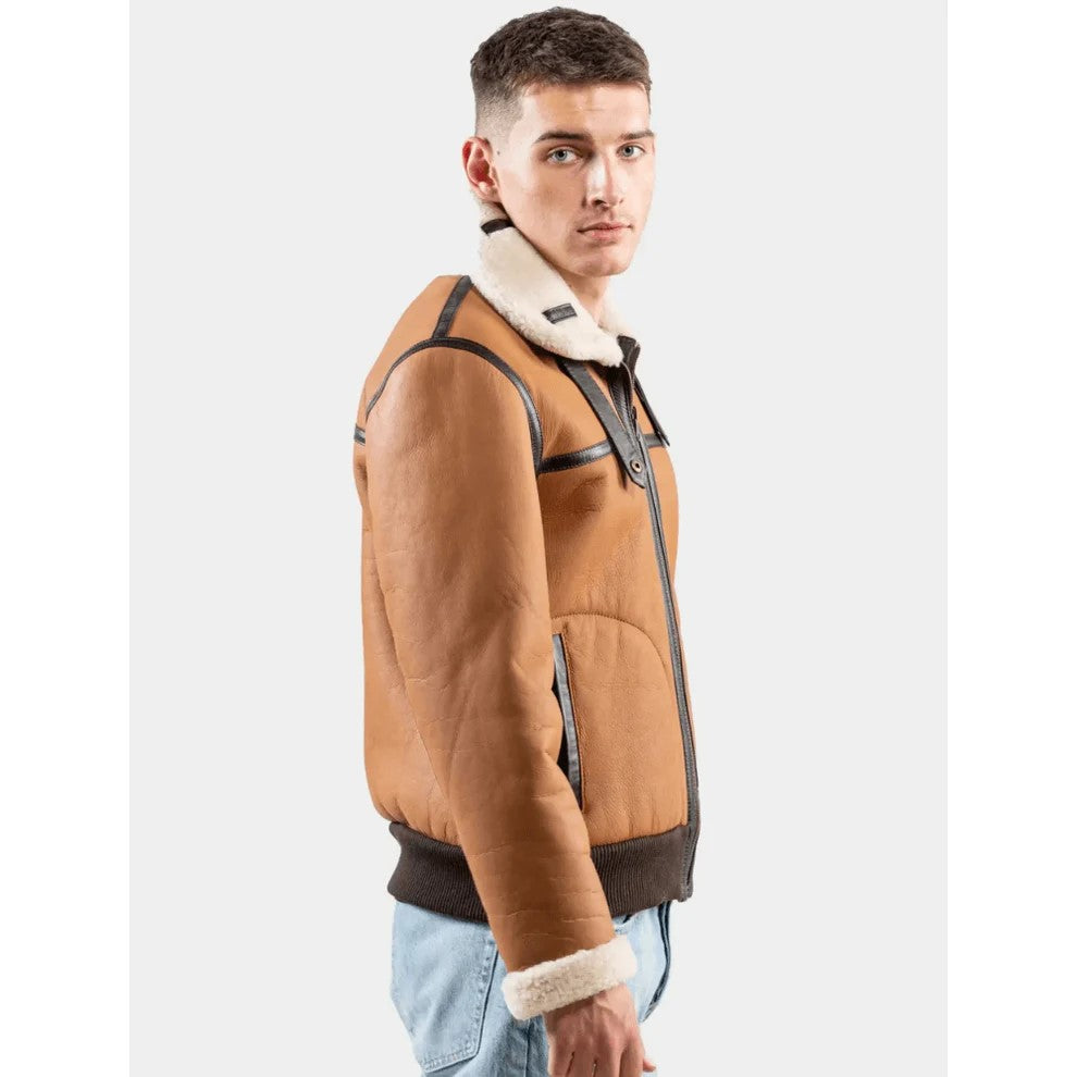 Classic Tan Brown Leather Shearling Aviator Jacket