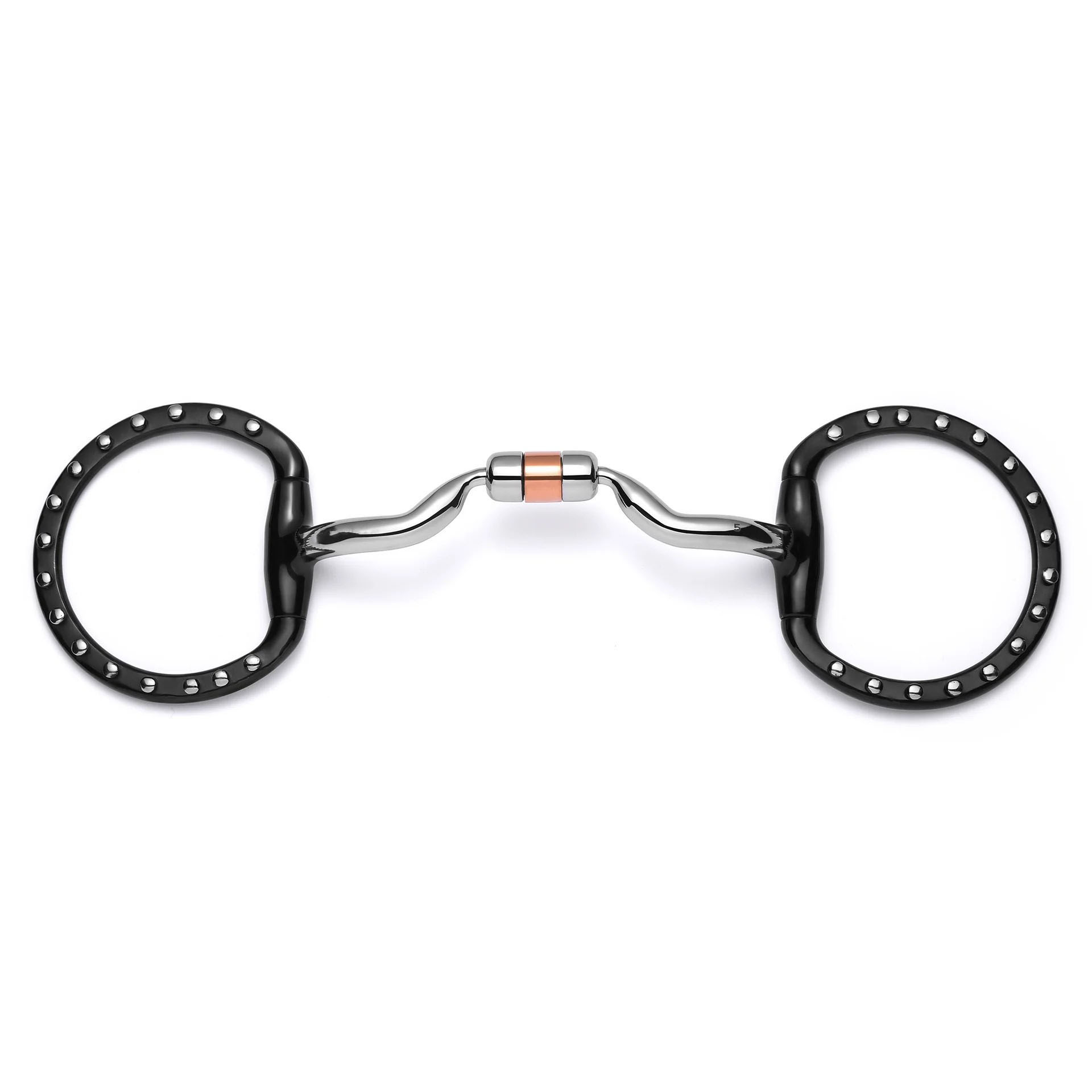 Black Steel Copper Roller Barrel Horse Bit with Decorative Ring Cheeks